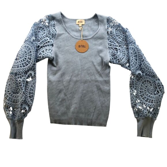 NWT Bibi Womens Blouse Size XL Blue Rib Knit Lace Sleeve Peasant Boho Casual - Picture 1 of 11